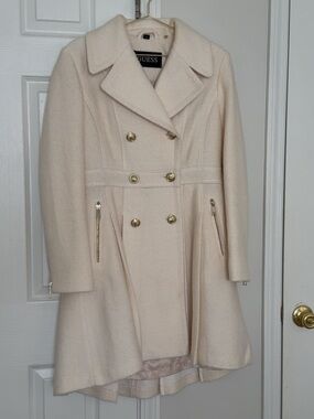 GUESS Women's Double-Breasted Cream/Off White Wool Coat•  Size Medium